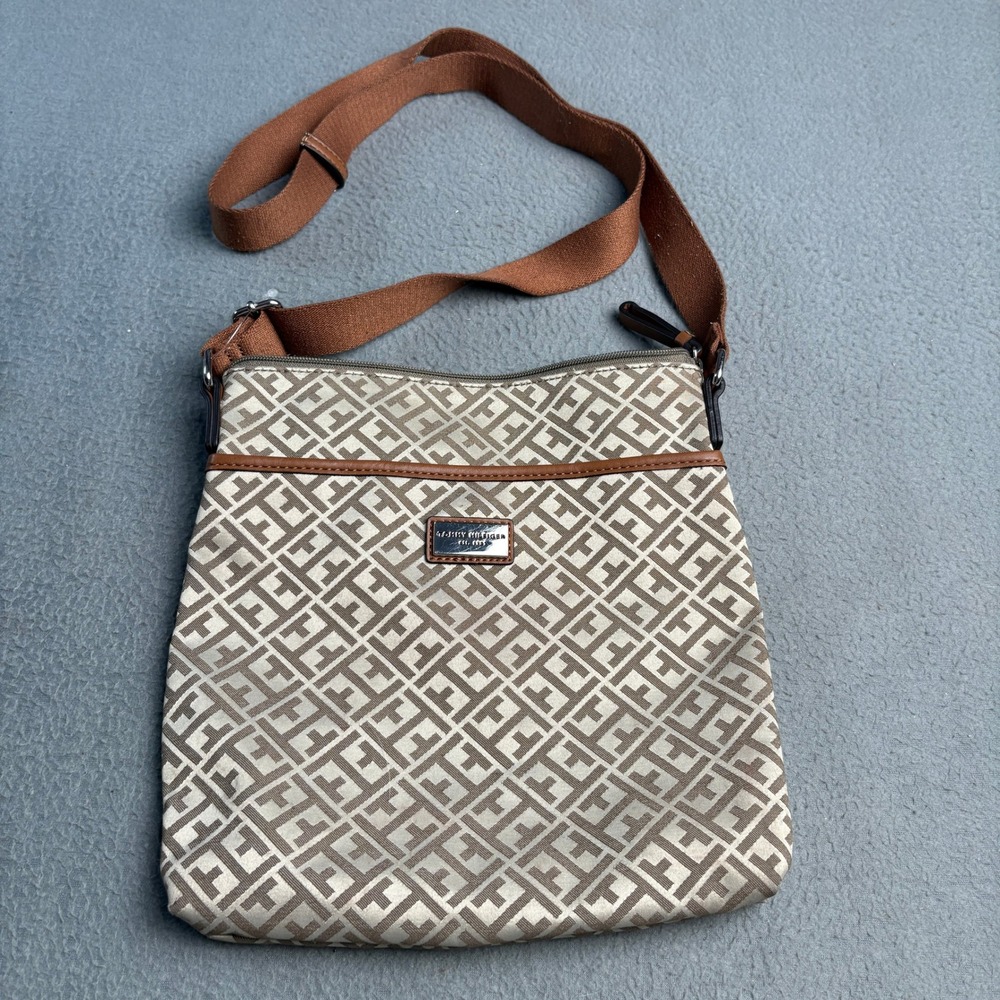 Tommy Hilfiger Monogram Crossbody Bag Tan Cream Jacquard Messenger Bag